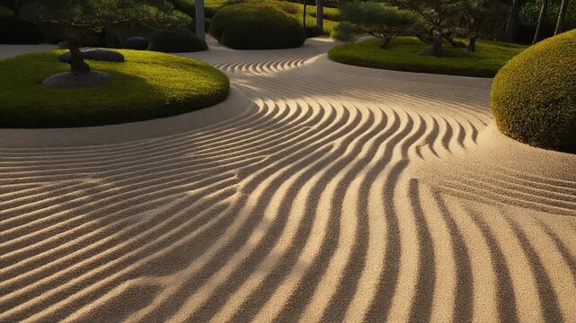 Discover tranquility and mindful reflection within this meticulously raked Japanese Zen garden, a serene landscape designed for contemplation and peaceful contemplation under the gentle sunlight