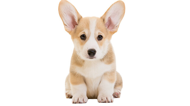 Isolated adorable Pembroke Welsh Corgi puppy sitting and looking straight ahead, charming pet portrait