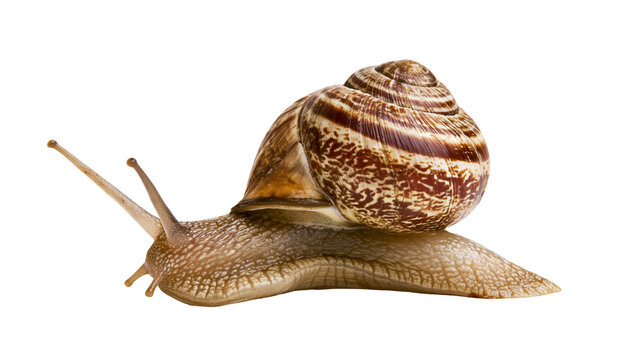 Isolated common garden snail with a detailed brown striped spiral shell crawling slowly