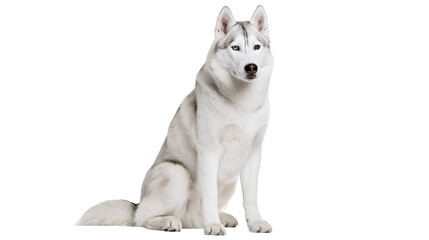 Isolated Siberian Husky dog sitting, beautiful domestic pet with heterochromia, looking at camera © Saoirse