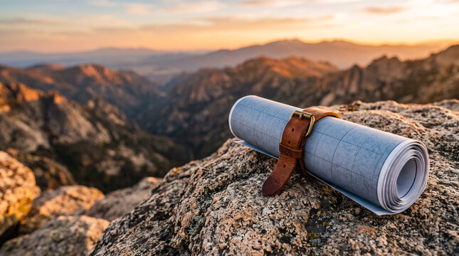 Rolled map secured by leather strap rests on rocky mountain top at sunset