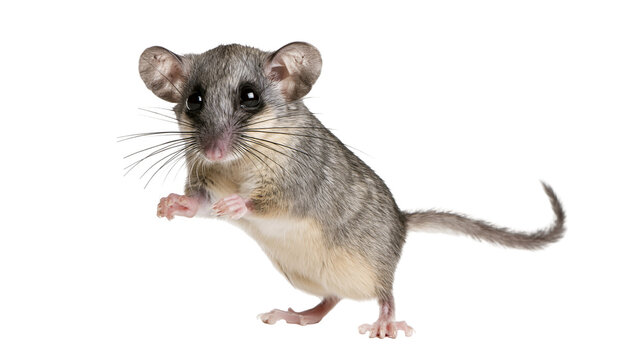Isolated cute small furry dormouse standing on hind legs with curious expression and big dark eyes
