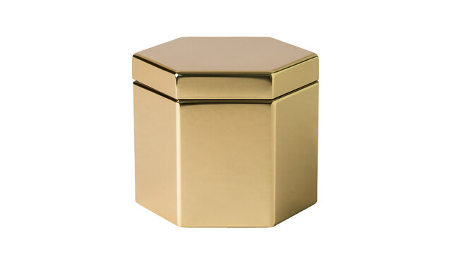 Isolated Elegant golden hexagonal box with lid, luxurious metallic container, stylish packaging concept