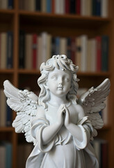 Obraz premium Spirituality and faith concept, small angel statue with praying hands in a library, religious devotion and peace in a quiet home environment