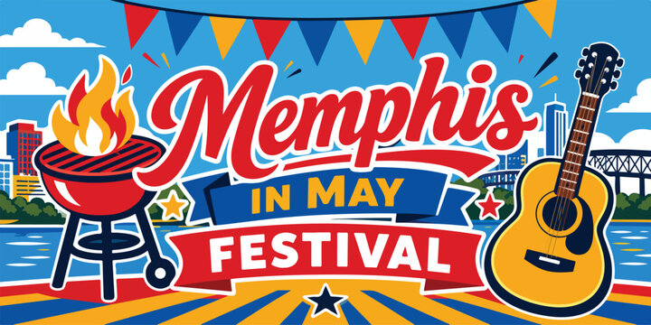 Memphis in May Festival Vector Illustration with Barbecue Grill, Acoustic Guitar, Colorful Bunting, River Skyline and Vibrant Tennessee Music Celebration Emblem