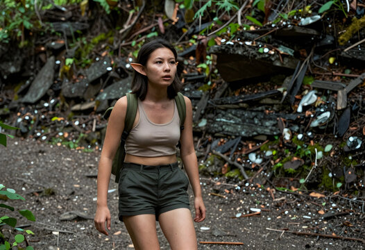 Fantasy adventure and exploration, young woman with elf ears hiking on a forest trail with a backpack in nature for a roleplay or cosplay