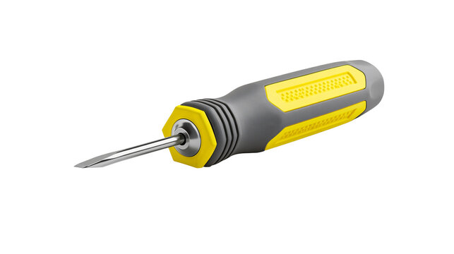 Isolated flathead screwdriver with ergonomic yellow and gray handle, essential construction hand tool