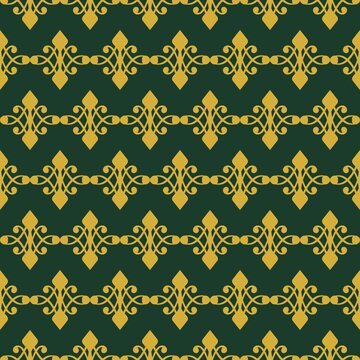 Regal gold metallic filigree scroll chain seamless pattern on rich dark emerald green. Elegant damask lattice flourishes for classic luxury wallpapers and textiles