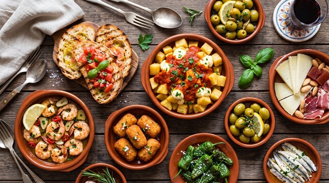 Delicious Spanish Tapas Spread on Rustic Wooden Table