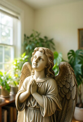Obraz premium Spirituality and faith concept, stone angel statue with hands in prayer position, hope and peace in a home interior with soft natural window light