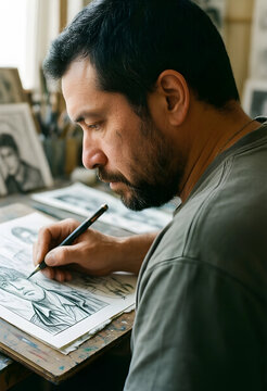 Creativity and artistic focus, professional illustrator drawing a portrait sketch in a creative studio workshop with concentration and attention to detail