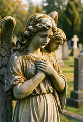 Obraz premium Grief and mourning concept, weathered stone angel statue with hands on chest in a peaceful cemetery at sunset for funeral and memorial services