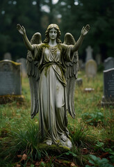 Obraz premium Grief and mourning concept, stone angel statue with raised arms in a peaceful cemetery, memorial and remembrance for loss in a quiet graveyard setting