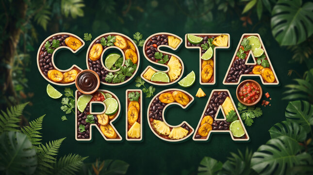 Costa Rica text art featuring fresh fruits, beans, and dips in jungle setting