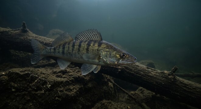 Zander or pikeperch (Sander lucioperca) swimming underwater near a sunken wooden log in dark freshwater river.
