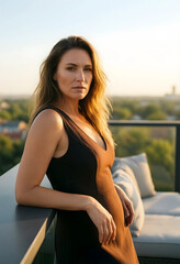 Obraz premium Self-care and wellness, woman relaxing on a rooftop terrace at sunset enjoying a peaceful moment of reflection and mindfulness in an urban environment