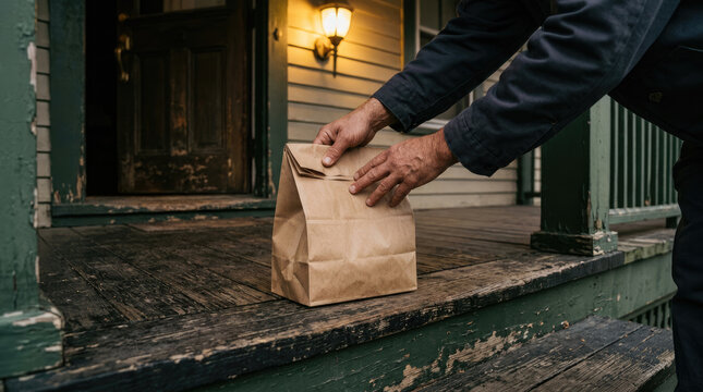 Courier Delivering Food Order Leaving Kraft Paper Bag at House Front Porch Contactless Delivery