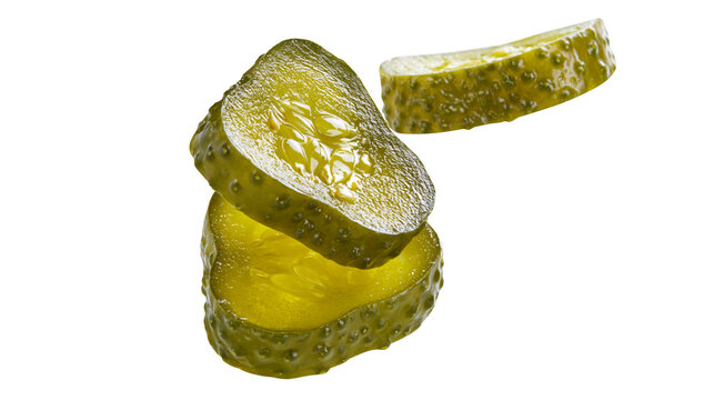 Isolated stack of fresh green sliced pickles, crunchy gherkins, natural vegetable snack food.