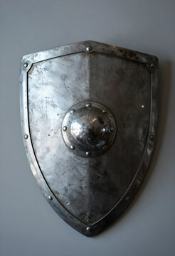 Security and protection concept, medieval metal shield with scratches and rivets mounted on a plain grey wall for historical defense and safety themes