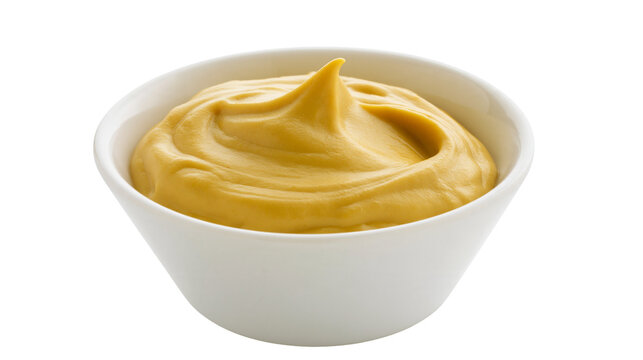 Isolated bowl of vibrant yellow creamy mustard sauce, a popular and tasty condiment for many dishes.