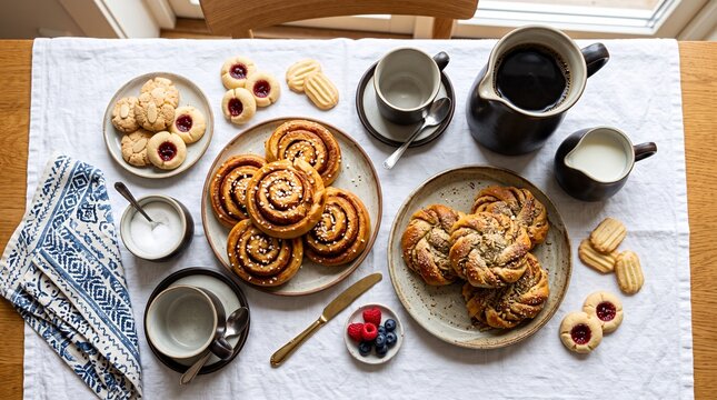 Overhead view of a cozy breakfast spread with pastries and coffee