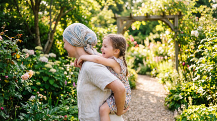 Fototapeta premium Mother in a soft headscarf carrying her laughing daughter on her back through a bright sunny garden, seen from the side with faces gently out of frame, faceless composition, healthcare journ