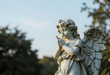 Obraz premium Spirituality and mourning stone angel statue praying in a cemetery for grief loss remembrance and funeral memorial service in a peaceful garden