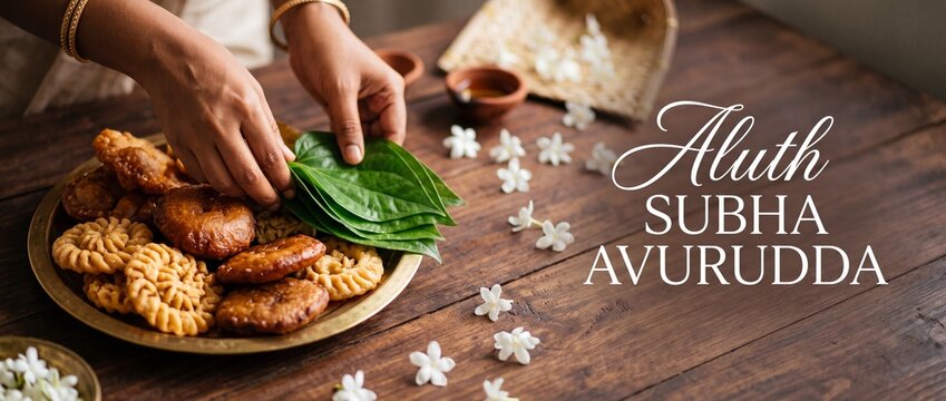 Sri Lankan New Year food arrangement with hands holding betel leaves on traditional brass plate with kavum, kokis sweets and jasmine flowers on wooden table background for Aluth Subha Avurudda banner.