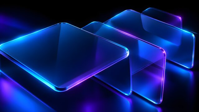 Abstract composition of glowing blue and purple glass rectangles with rounded corners on dark background