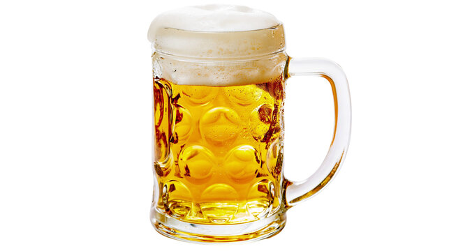 Isolated frosty glass beer mug with refreshing golden beer and creamy white foam