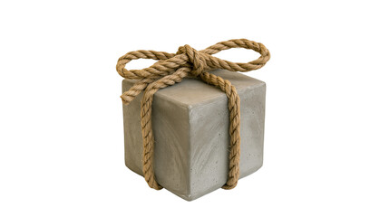 Isolated modern rustic decor concrete cube with a natural braided rope tied in a decorative bow. © Niamh