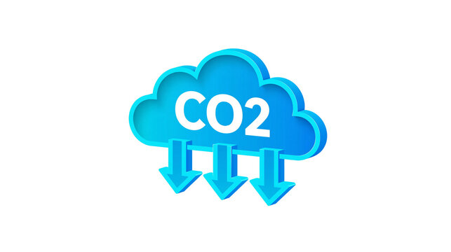 Isolated 3D render of a blue cloud with CO2 and downward arrows, representing carbon footprint reduction