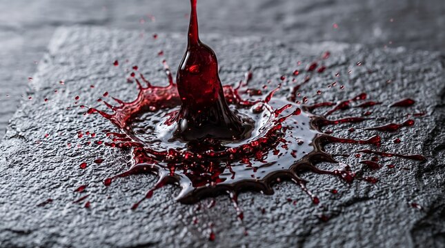 Red liquid splashing dramatically on dark textured surface