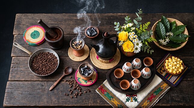 Traditional Ethiopian Coffee Ceremony with Incense and Flowers