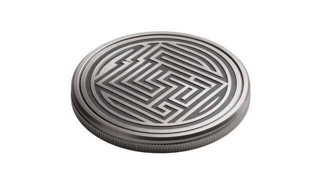Isolated silver-toned metal puzzle coin with intricate labyrinth maze pattern and ridged edge