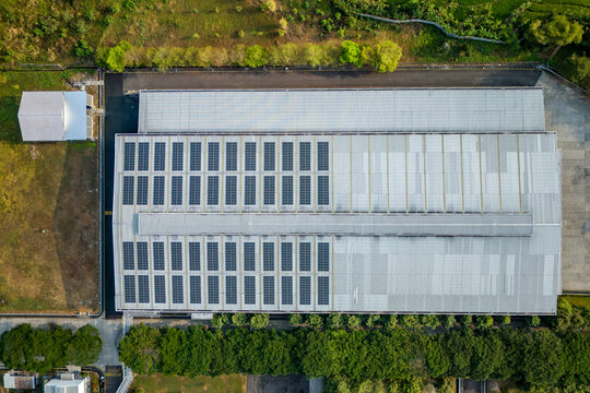 Aerial view of a large industrial warehouse roof featuring extensive solar panel arrays, surrounded by green trees and paved areas in Semarang Regency, Central Java, Indonesia.