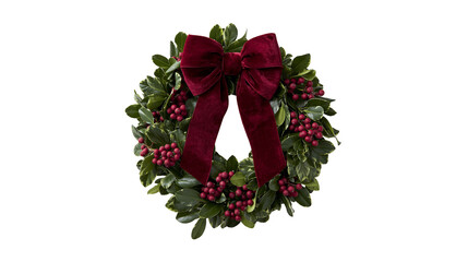 Isolated festive evergreen wreath adorned with vibrant red berries and a luxurious velvet bow © Niamh