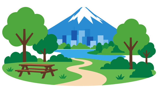 Public city park landscape with lush green trees, brown picnic bench, winding path by blue lake, urban skyline and snowy mountain peak under bright sky, outdoor scenery flat vector illustration