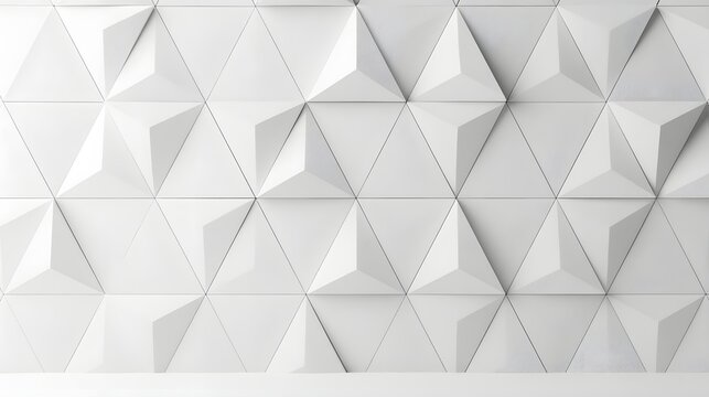 Modern white geometric wall with triangular 3D panels in soft studio lighting. Ideal for architectural design and interior background concepts.