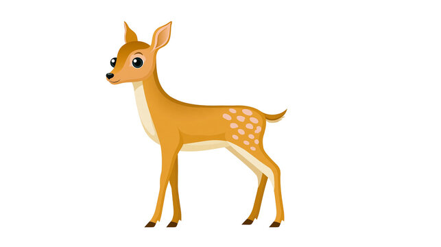 Isolated cute cartoon fawn standing in profile, a young deer with spots looking happy