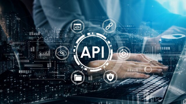 Digital Transformation Concept with Hands Typing on Laptop, API Interface Graphics Overlaying Futuristic Cityscape Background. Entropy.