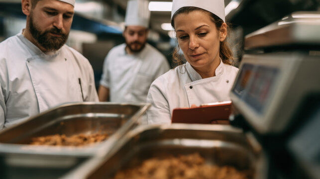 Professional kitchen team weighing buffet food and recording waste data for sustainable restaurant management and food waste reduction