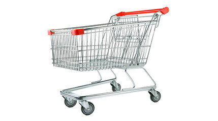 Isolated empty metal shopping cart with red plastic handle for retail and grocery store needs © Niamh