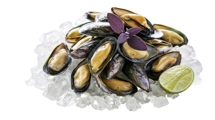 Isolated fresh cooked mussels on ice with purple basil and a slice of lime, gourmet seafood meal © Niamh