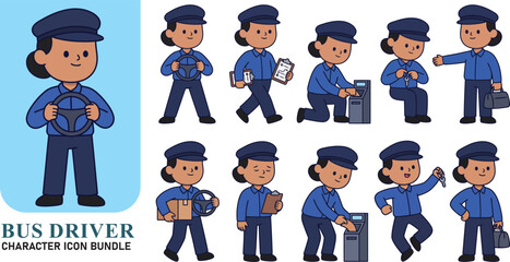 Fototapeta premium Delightful cartoon illustrations feature a friendly smiling police officer depicted in a variety of poses and actions perfect for kids media projects