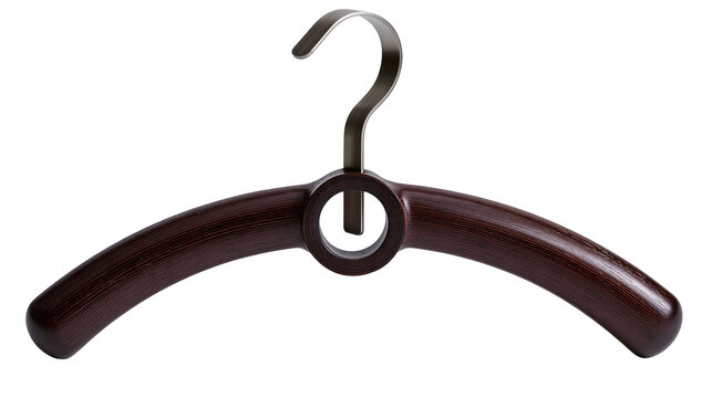 Isolated dark wooden clothes hanger with a sleek metal hook, presented with a product label