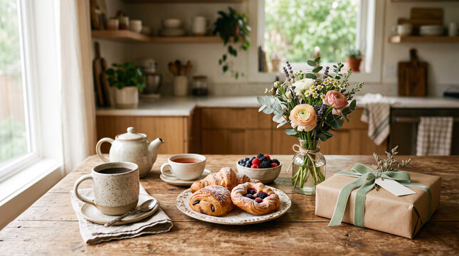 breakfast table with pastries coffee tea berries flowers and wrapped gift box in cozy kitchen