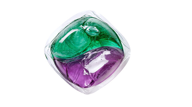 Isolated laundry detergent pod featuring vibrant green and purple liquid swirls for cleaning