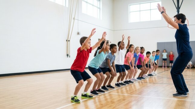 Elementary school children follow PE teacher's exercise in gym, demonstrating health and fitness education