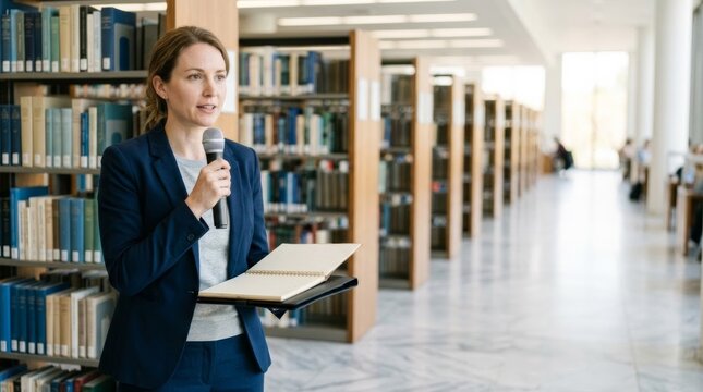 Professional woman presenting with microphone and open notebook in bright library aisle with copy space